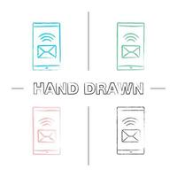 Smartphone incoming message hand drawn icons set. SMS. Mobile phone display with envelope. Color brush stroke. Isolated vector sketchy illustrations