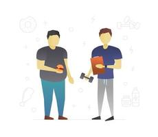 Fat man with personal trainer flat character design. Losing weight. Overweight, obesity problem. Vector isolated illustration