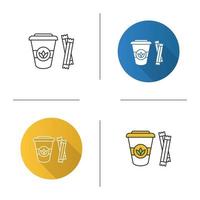 Tea to go with sugar sachets icon. Disposable tea cup with lid. Flat design, linear and color styles. Isolated vector illustrations