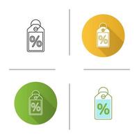 Percent label icon. Discount offer tag. Sale. Flat design, linear and color styles. Isolated vector illustrations