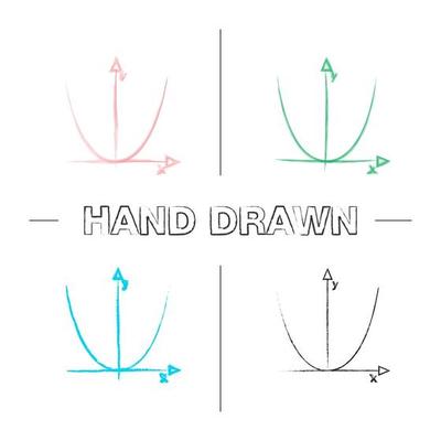Coordinate system with parabola hand drawn icons set. Algebra. Axis system. Color brush stroke. Isolated vector sketchy illustrations