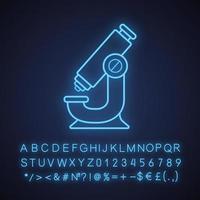 Microscope neon light icon. Science and medical laboratory microscope. Glowing sign with alphabet, numbers and symbols. Vector isolated illustration