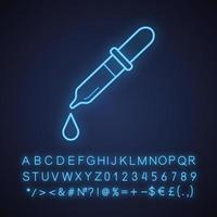 Dropper neon light icon. Pipette. Nasal or eye drops. Glowing sign with alphabet, numbers and symbols. Vector isolated illustration