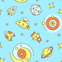 Spaceman floating in space abstract seamless pattern. Vector shapes on blue background. Trendy texture with cartoon color icons. Design with graphic elements for interior, fabric, website decoration