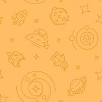 Interplanetary space abstract seamless pattern. Vector shapes on orange background. Trendy texture with cartoon color icons. Design with graphic elements for interior, fabric, website decoration