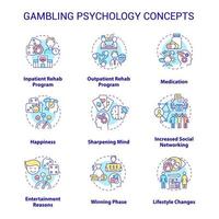Gambling psychology concept icons set. Addiction and mental issues. Treatment and overcoming idea thin line color illustrations. Isolated outline drawings. Roboto-Medium, Myriad Pro-Bold fonts used