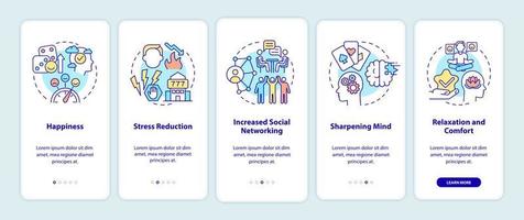 rasgos positivos de juego que incorporan la pantalla de la aplicación móvil. tutorial de entretenimiento 5 pasos páginas de instrucciones gráficas con conceptos lineales. interfaz de usuario, ux, plantilla de interfaz gráfica de usuario. innumerables fuentes pro-negrita y regulares utilizadas vector