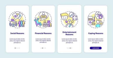 Reasons to gamble onboarding mobile app screen. Compulsive psychology walkthrough 4 steps graphic instructions pages with linear concepts. UI, UX, GUI template. Myriad Pro-Bold, Regular fonts used vector