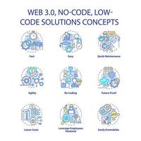 Web 3 0 concept icons set. Easy software development. No code solutions idea thin line color illustrations. Isolated outline drawings. Editable stroke. Roboto-Medium, Myriad Pro-Bold fonts used vector