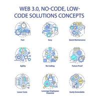 Web 3 0 concept icons set. Easy software development. No code solutions idea thin line color illustrations. Isolated outline drawings. Editable stroke. Roboto-Medium, Myriad Pro-Bold fonts used vector
