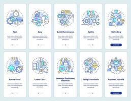 Web 3 0 onboarding mobile app screen set. Low code solution walkthrough 5 steps graphic instructions pages with linear concepts. UI, UX, GUI template. Myriad Pro-Bold, Regular fonts used