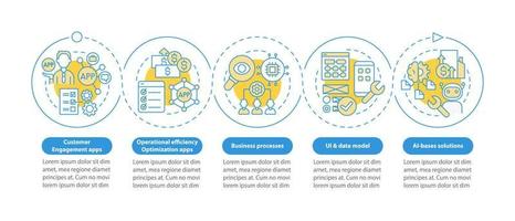 aplicaciones para crear con plantillas infográficas de círculo azul de plataformas de código bajo. visualización de datos con 5 pasos. gráfico de información de la línea de tiempo del proceso. diseño de flujo de trabajo con iconos. innumerables fuentes pro-negrita y regulares utilizadas vector