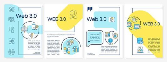 Web 3 0 blue and yellow brochure template. Low code solution. Booklet print design with linear icons. Vector layouts for presentation, annual reports, ads. Questrial-Regular, Lato-Regular fonts used