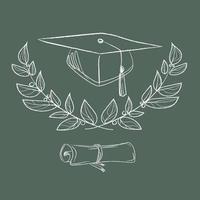 Graduation cap and diploma with a laurel wreath are drawn in a sketch style on a green background. Vector illustration.Education concept