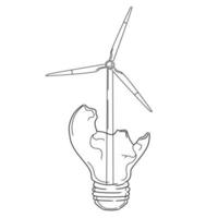 concepto de energía verde. bombilla con turbina eólica dentro de la plantilla del logotipo. ilustración de boceto vectorial aislada en fondo blanco. generador de energía eólica - ilustración del concepto de innovación de energía renovable vector