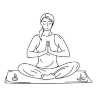 Woman in lotus position meditating,practicing yoga on mat,monochrome vector illustration isolated on white background.Young girl does exercises in yoga class or at home.Self love concept