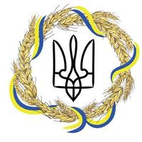 Coat of arms of Ukraine with a round frame of a wreath of ears of wheat and blue and yellow ribbons in the colors of the Ukrainian flag. Patriotic symbol,emblem.Vector illustration vector