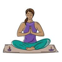 una mujer medita en posición de loto sobre una alfombra con velas aromáticas. ilustración conceptual para la meditación yoga, estilo de vida saludable.salud mental de las mujeres.ilustración vectorial aislada en blanco vector