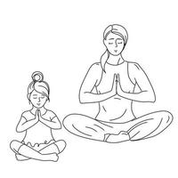 Mother and daughter meditate together and sit in a lotus. Yoga with mom Healthy lifestyle concept.vector vector in sketch style,outline drawing on white background