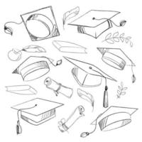 Academic cap vector set isolated on white background.Graduate cap in different variations with scrolls of diplomas and inkwell with feather in sketch style.Art collection.Vector drawing.