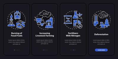 Reasons for climate change night mode onboarding mobile app screen. Walkthrough 4 steps graphic instructions pages with linear concepts. UI, UX, GUI template. Myriad Pro-Bold, Regular fonts used vector