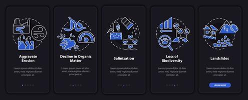 Climate change and environment night mode onboarding mobile app screen. Walkthrough 5 steps graphic instructions pages with linear concepts. UI, UX, GUI template. Myriad Pro-Bold, Regular fonts used vector