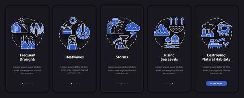 Effects of climate change night mode onboarding mobile app screen. Walkthrough 5 steps graphic instructions pages with linear concepts. UI, UX, GUI template. Myriad Pro-Bold, Regular fonts used