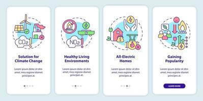 beneficios de la electrificación al incorporar la pantalla de la aplicación móvil. tutorial 4 pasos páginas de instrucciones gráficas con conceptos lineales. interfaz de usuario, ux, plantilla de interfaz gráfica de usuario. innumerables fuentes pro-negrita y regulares utilizadas vector