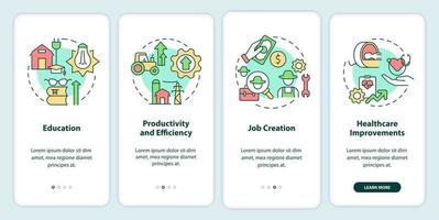 Rural electrification economic benefits onboarding mobile app screen. Walkthrough 4 steps graphic instructions pages with linear concepts. UI, UX, GUI template. Myriad Pro-Bold, Regular fonts used vector
