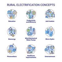 Rural electrification concept icons set. Access to electricity and lighting idea thin line color illustrations. Isolated outline drawings. Editable stroke. Roboto-Medium, Myriad Pro-Bold fonts used vector