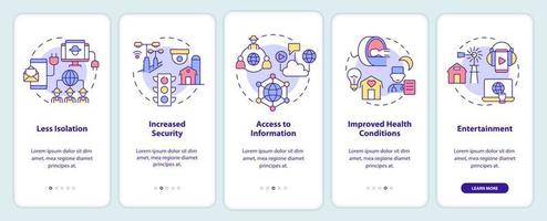 beneficios de los servicios de energía y reincorporación de la pantalla de la aplicación móvil. tutorial 5 pasos páginas de instrucciones gráficas con conceptos lineales. interfaz de usuario, ux, plantilla de interfaz gráfica de usuario. innumerables fuentes pro-negrita y regulares utilizadas vector