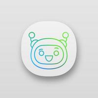 Excited robot emoji app icon. Laughing chatbot smiley with broad smile and open eyes. UI UX user interface. Happy chat bot emoticon. Web or mobile application. Vector isolated illustration