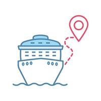 Cruise route color icon. Travel destinations. Cruise liner with map pinpoint. Journey, trip route planner. Travel itinerary. Isolated vector illustration