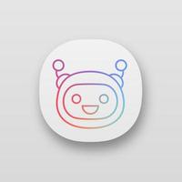 Laughing robot emoji app icon. Happy chatbot smiley with broad smile and open eyes. UI UX user interface. Chat bot emoticon. Web or mobile application. Vector isolated illustration