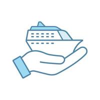 Cruise service color icon. Hand holding cruise ship. Shore excursions, tours and travel agency. Voyage, trip planning. Isolated vector illustration