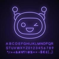 Winking robot emoji neon light icon. Happy and funny chatbot smiley. Glowing sign with alphabet, numbers and symbols. Chat bot emoticon. Vector isolated illustration