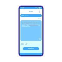 Note taking app interface vector template. Mobile app interface blue design layout. Smartphone reminder application. Flat UI. Phone display with note text