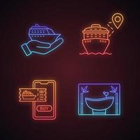 Cruise neon light icons set. Travel agency. Summer voyage. Cruise service, spa salon, trip routes, online tickets buying. Glowing signs. Vector isolated illustrations