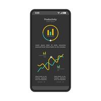 plantilla de vector de interfaz de tablero de teléfono inteligente. Diseño de página de productividad móvil en negro. pantalla de estadísticas. aplicación plana ui. aplicación de análisis de datos. pantalla del teléfono con diagrama de análisis