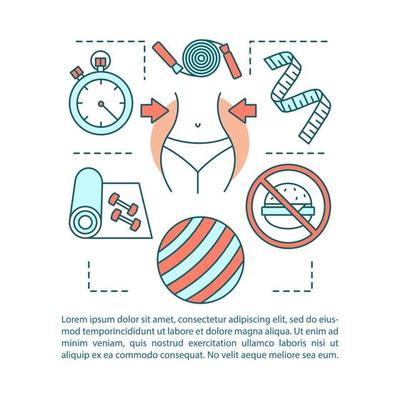Fitness concept linear vector illustration. Weight loss. Healthy lifestyle. Physical activities. Training and healthy nutrition. Article, brochure, magazine page layout with text boxes. Print design