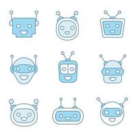 conjunto de iconos de colores de chatbots. emojis de robots modernos. risa, feliz chat bot smileys. asistentes virtuales. ilustraciones de vectores aislados