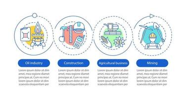 plantilla de infografía vectorial de industrias. industria petrolera, construcción, negocio agrícola, minería. visualización de datos con cuatro pasos y opciones. gráfico de línea de tiempo del proceso. diseño de flujo de trabajo vector