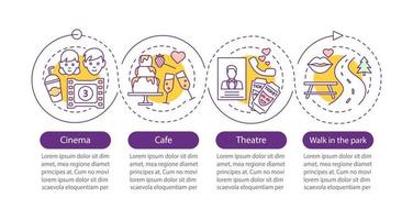 First date vector infographic template. Cinema, theater, cafe, park walk. Presentation. Data visualization with four steps and options. Process timeline chart. Workflow layout with linear icons