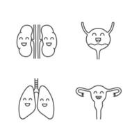 conjunto de iconos lineales de órganos internos humanos sonrientes. símbolos de contorno de línea delgada. riñones felices, pulmones, útero. sistemas pulmonares y reproductivos sanos. ilustraciones aisladas de contorno vectorial. trazo editable vector