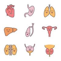 Smiling human internal organs color icons set. Respiratory, urinary, reproductive, digestive systems health. Isolated vector illustrations