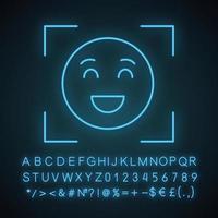 Facial recognition neon light icon. Face scan. Glowing sign with alphabet, numbers and symbols. Emotion detection app. Face ID. Smiley in focus. Vector isolated illustration