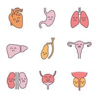 Sad human internal organs color icons set. Respiratory, urinary, reproductive, digestive systems diseases. Unhealthy organs. Isolated vector illustrations