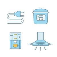 Household appliance color icons set. Electric plug, multicooker, coffee machine, range hood. Isolated vector illustrations