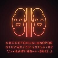 Smiling human kidneys neon light icon. Healthy urinary tract. Urinary system health. Glowing sign with alphabet, numbers and symbols. Vector isolated illustration