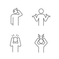 Emotional stress linear icons set. Cold sweat, hands tremor, nervous tension, headache. Thin line contour symbols. Isolated vector outline illustrations. Editable stroke